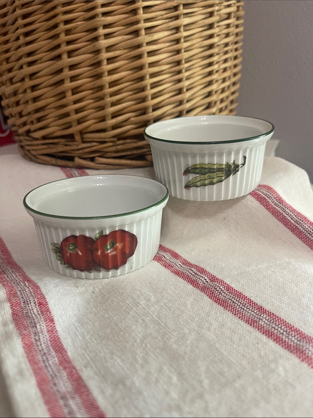 Vintage French Mehun Déposé Ramekins – Set of 2 – Green Rim Vegetable Motif